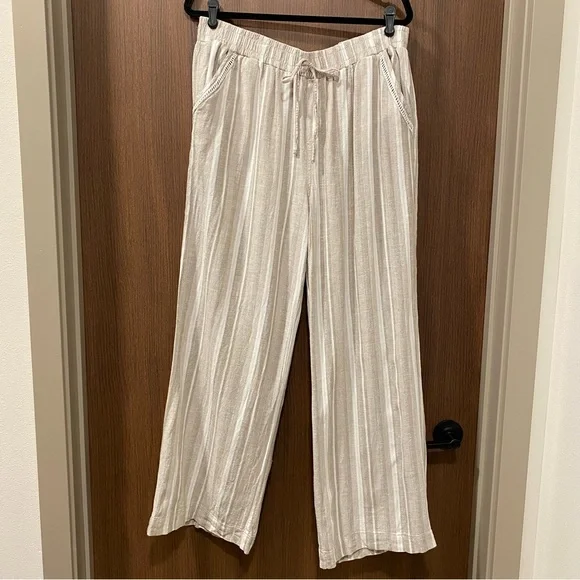 Briggs Striped 55% Linen Pant Size XL Wide Leg Eyelet Detail Lightweight Neutral - Picture 4 of 14